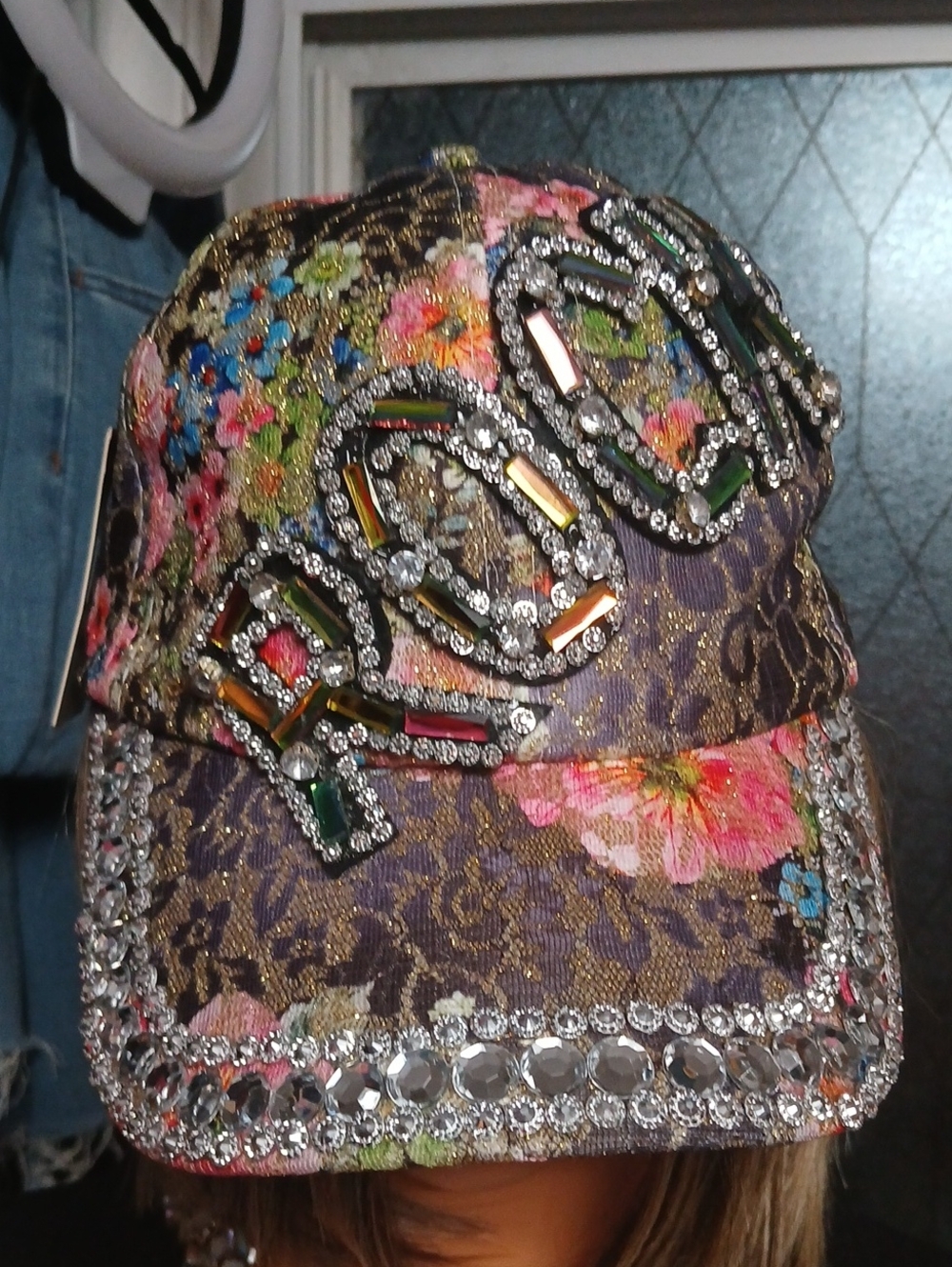 Embellished Floral Rhinestone 'ROCK" Baseball Cap - Blue Pink Tan